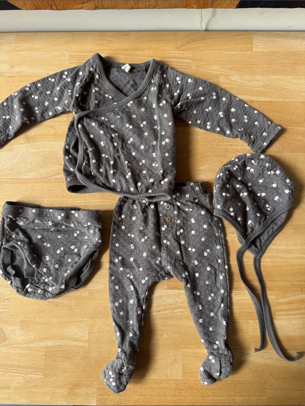Quincy Mar Gray Floral Baby Set with Bonnet and Diaper Cover